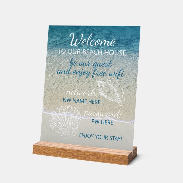 Custom Beach House Rentals Home Wifi Instructions Acrylic Sign (Angle)