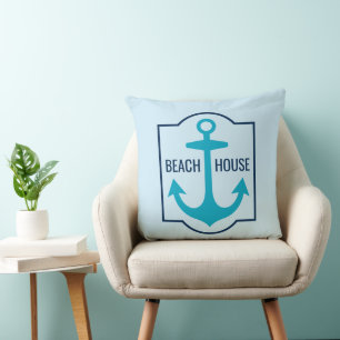 Custom Beach House Teal and Navy Blue Anchor Throw Pillow