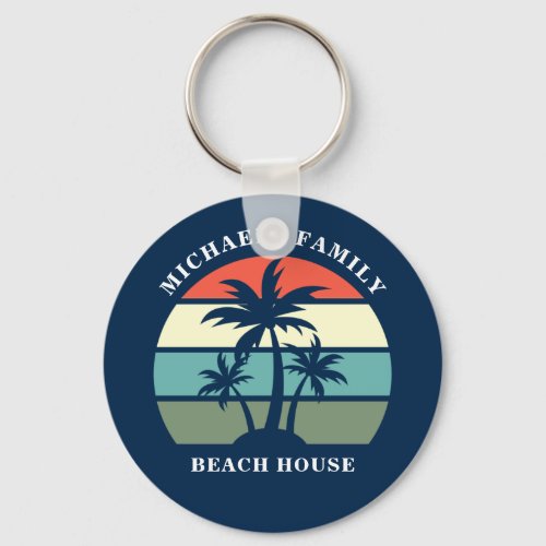Custom Beach House Vacation Rental Blue Palm Tree Keychain