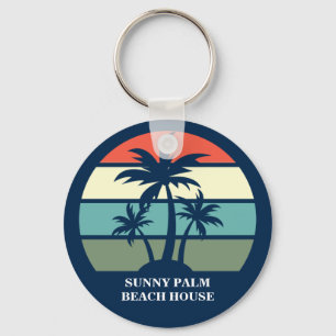 Custom Beach House Vacation Rental Blue Palm Tree Keychain