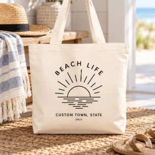 Custom Beach Life Sunset Minimalist Modern Boho Large Tote Bag