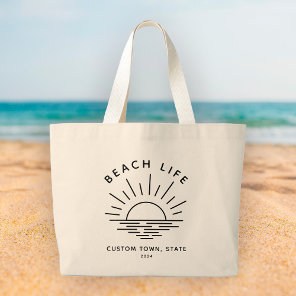 Custom Beach Life Sunset Minimalist Modern Boho Large Tote Bag