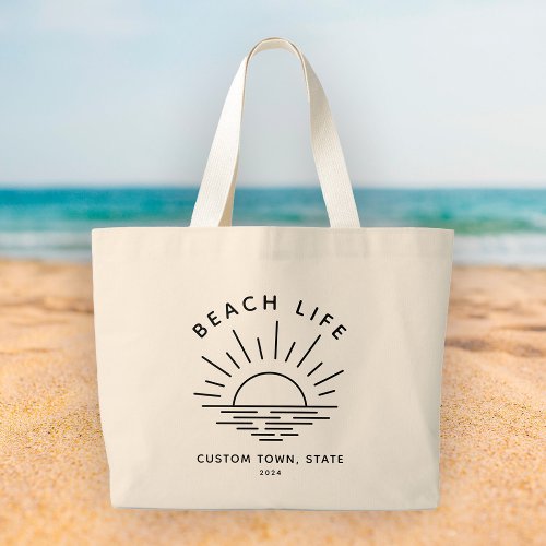 Custom Beach Life Sunset Minimalist Modern Boho Large Tote Bag