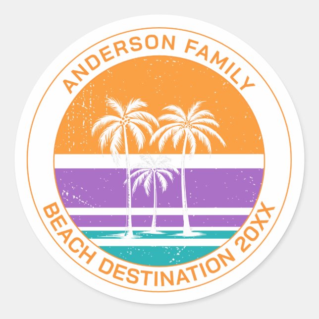 Custom Beach Palm Tree Family Reunion Classic Round Sticker (Front)