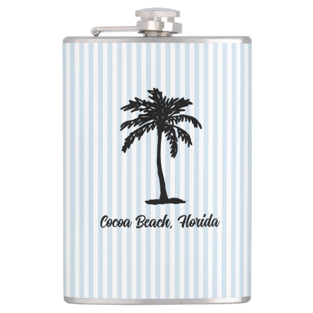 Custom Beach Palm Tree Nautical Blue Stripe Flask (Front)