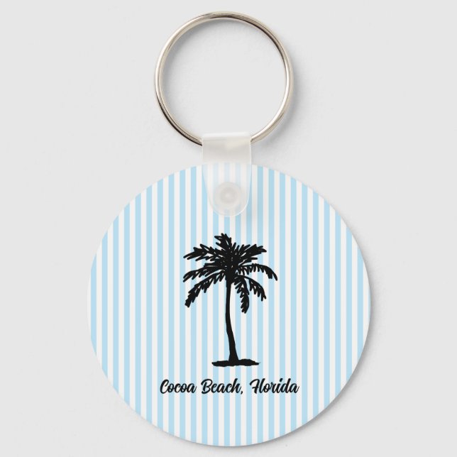Custom Beach Palm Tree Nautical Blue Stripe Keychain (Front)