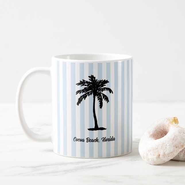Custom Beach Palm Tree Nautical Stripe Coffee Mug (With Donut)