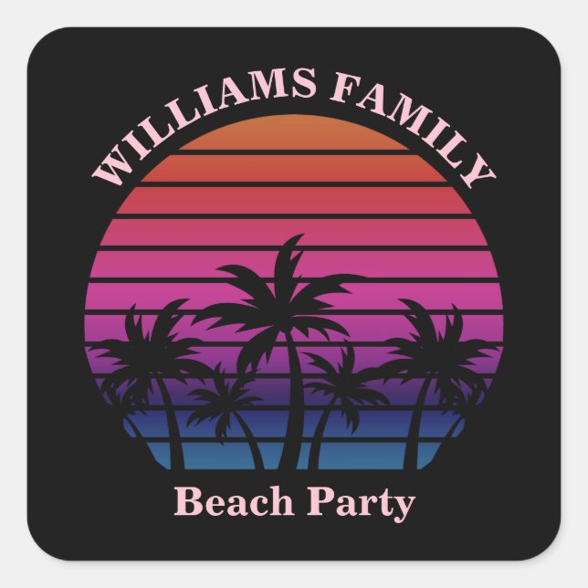 Custom Beach Party Tropical Sunset Palm Trees Square Sticker (Front)