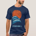 Custom Beach Souvenir Vintage Waves and Sun T-Shirt<br><div class="desc">Create your own custom souvenir t-shirt from your favorite beach, a family vacation tee shirt or a personalized graphic tee that's ready for your own text. It features a retro style illustration of crashing waves in shades of blue with a glowing orange sun above and seagulls silhouetted against the sun....</div>