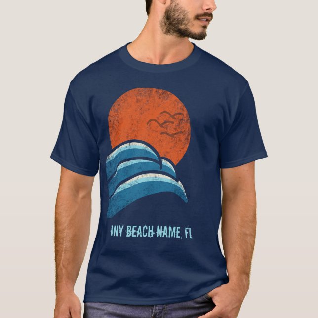 Custom Beach Souvenir Vintage Waves and Sun T-Shirt (Front)