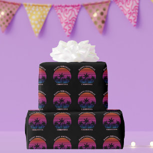 Custom Beach Sunset Palm Trees Birthday Wrapping Paper