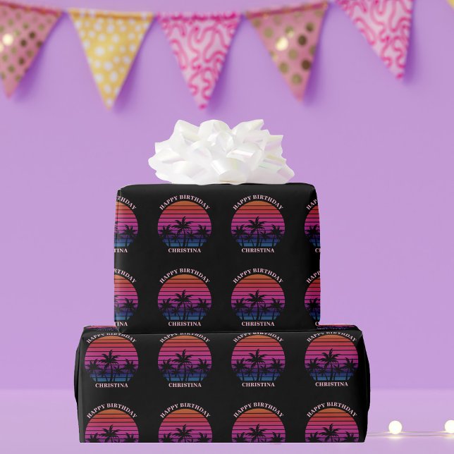 Custom Beach Sunset Palm Trees Birthday Wrapping Paper (Creator Uploaded)