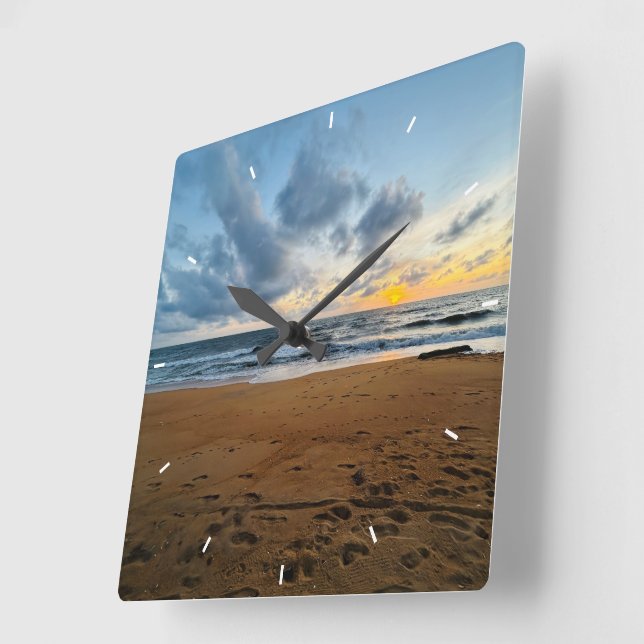 Custom Beach Sunset Wall Clock Ocean Waves Sand  (Angle)