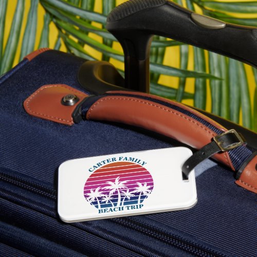 Custom Beach Trip Pink Sunset Palm Tree Luggage Tag