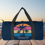 Custom Beach Vacation Cute Tropical Palm Tree Blue Duffle Bag<br><div class="desc">Cute custom beach sunset blue duffel bag for a seaside vacation or family trip to the ocean. Cool personalized gift featuring tropical palm trees and pretty pink and blue with your personalized name or other text.</div>