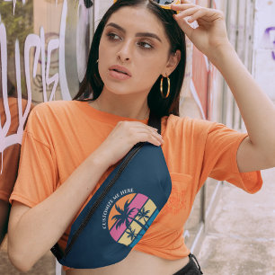 Custom Beach Vacation Cute Tropical Palm Tree Blue Fanny Pack