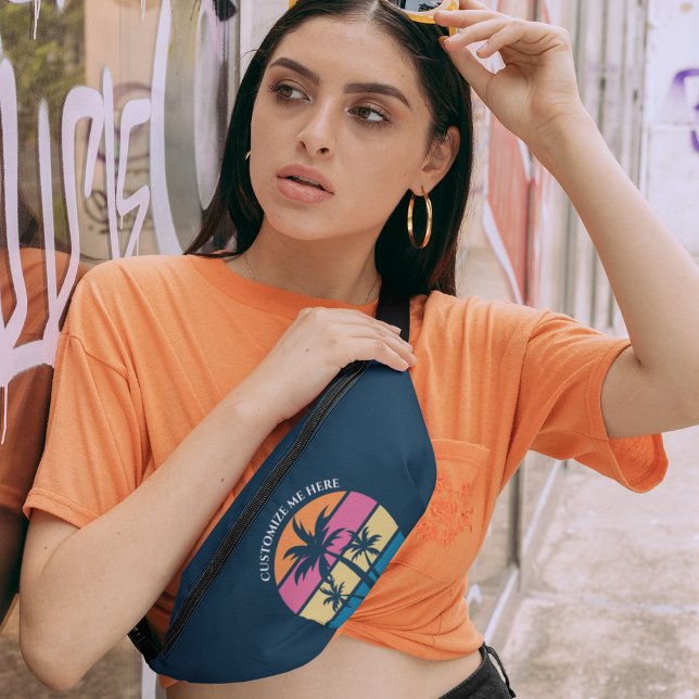 Custom Beach Vacation Cute Tropical Palm Tree Blue Fanny Pack (Creator Uploaded)