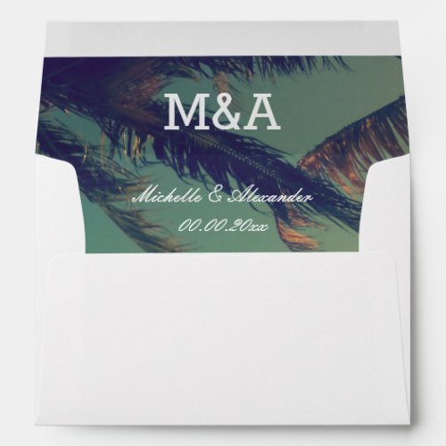 Custom beach wedding envelope with palm tree liner