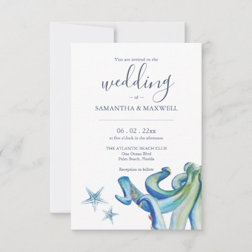 Custom Beach Wedding Invitation Cards Blue Octopus