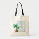 Custom Beach Wedding Monogram Tote Bag<br><div class="desc">Custom Beach Wedding Monogram Tote Bag. An elegant Beach Wedding theme favors tote bag.A bamboo frame with stretched canvas in turquoise blue carries the elegant, tall monogram initial , names of the couple, wedding date and name of wedding destination in beautiful script font.All the text is easy to customize and...</div>