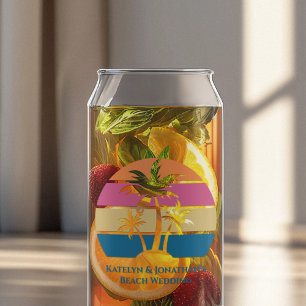 Custom Beach Wedding Tropical Palm Tree Sunset Can Glass