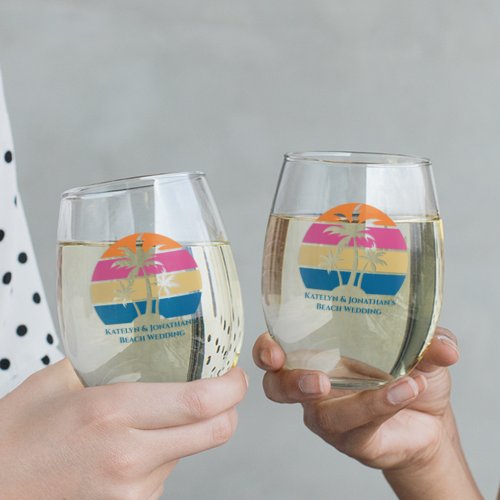 Custom Beach Wedding Tropical Palm Tree Sunset Stemless Wine Glass
