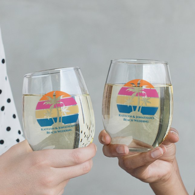 Custom Beach Wedding Tropical Palm Tree Sunset Stemless Wine Glass (Creator Uploaded)