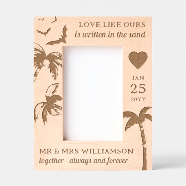 Custom Beach Wedding Tropical Palm Trees Wooden Engraved Frames (Front)