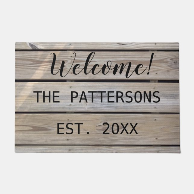 Custom Beach Wood Family Established Welcome Doormat (Front)
