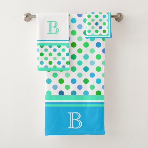 Custom Beachy Azure Blue Lime Green Polkadots Art Bath Towel Set