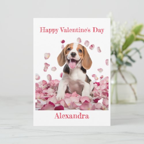 Custom Beagle with Pink Petals Valentine Holiday Card