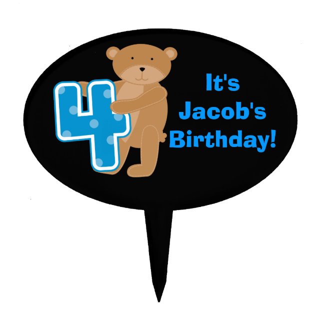 Custom Bear 4th Birthday Cake Topper (Front)
