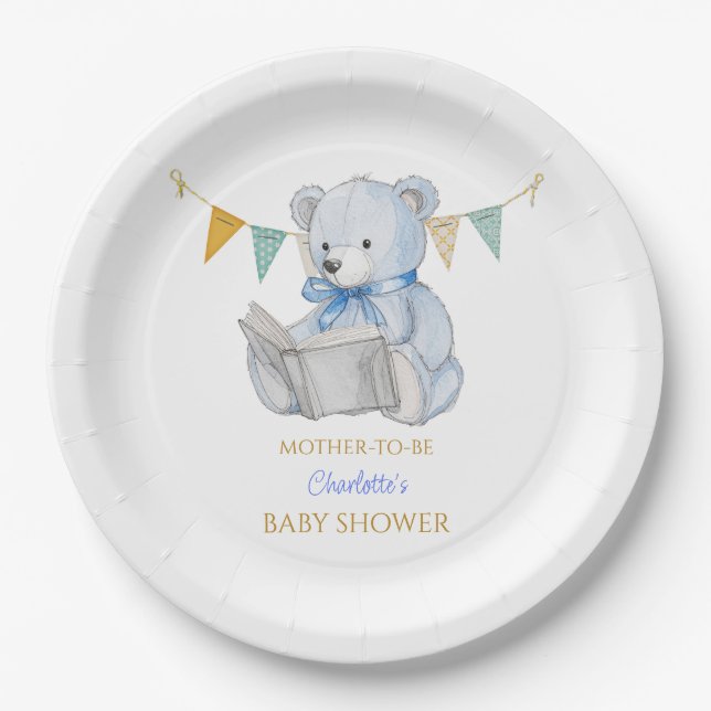 Custom Bear reading a book Baby Shower Paper Plates (Front)