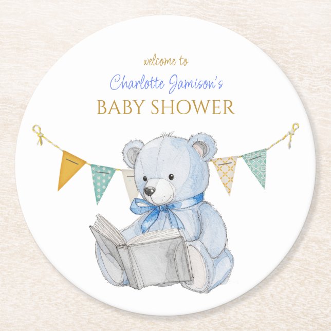 Custom Bear reading a book Baby Shower Round Paper Coaster (Front)