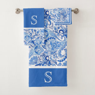 Custom Beautiful Blue White Floral Paisley Pattern Bath Towel Set