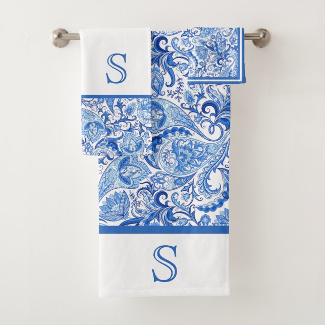 Custom Beautiful Blue White Floral Paisley Pattern Bath Towel Set (Insitu)