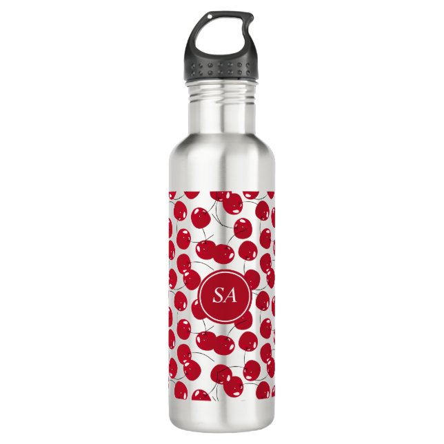 Custom Beautiful Fresh Red Cherry Pattern Stainles Stainless Steel Water Bottle (Front)