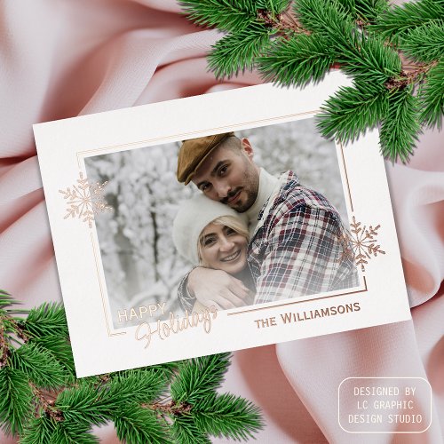 Custom Beautiful Glitter Snowflakes Rose Gold Foil Holiday Postcard