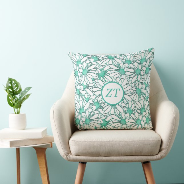 Custom Beautiful Teal and White Floral Throw Pillow (Chair)