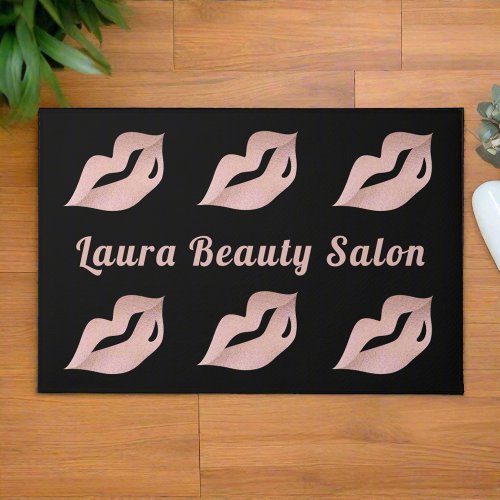 Custom Beauty Salon Glam Rose Gold Lips  Black  Doormat