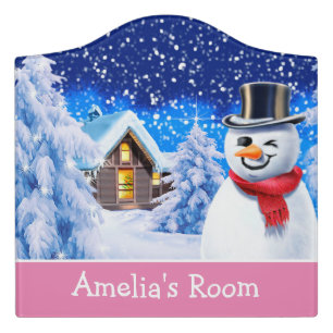 Custom Bedroom door sign snowman snow scene