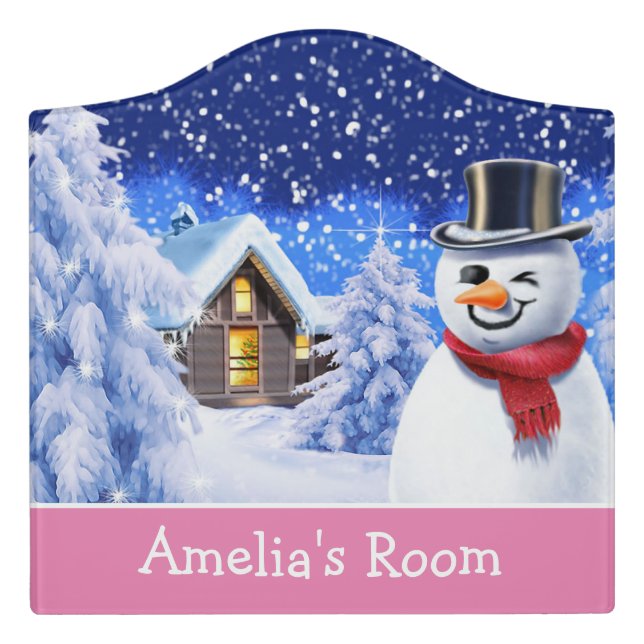Custom Bedroom door sign snowman snow scene (Large Crest Front)