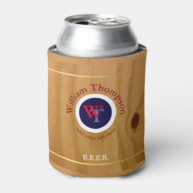 custom beer monogram (name & initials) faux wood can cooler (Can Front)