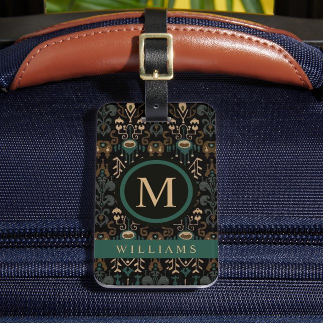 Custom Beige Black Brown Green  Aztec Pattern Luggage Tag (Front Insitu 2)