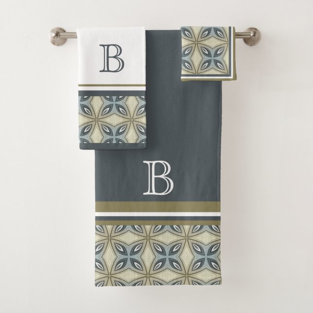 Custom Beige Brown Gray Blue Ornate Art Pattern Bath Towel Set (Insitu)