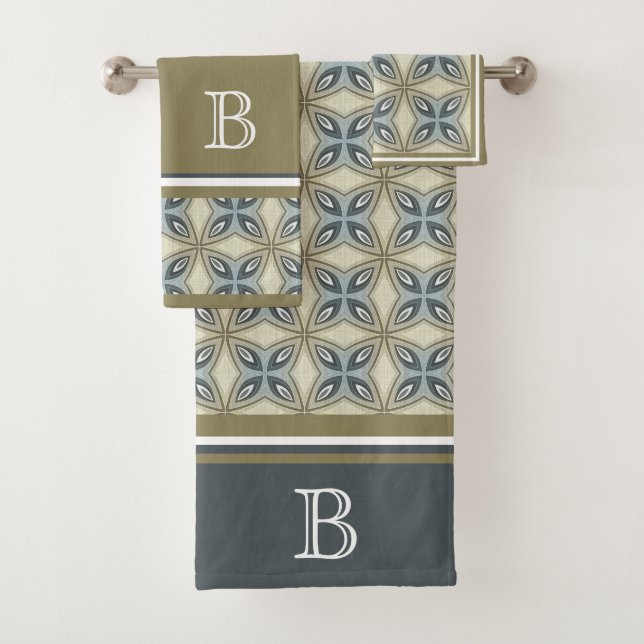 Custom Beige Brown Gray Blue Ornate Art Pattern Bath Towel Set (Insitu)