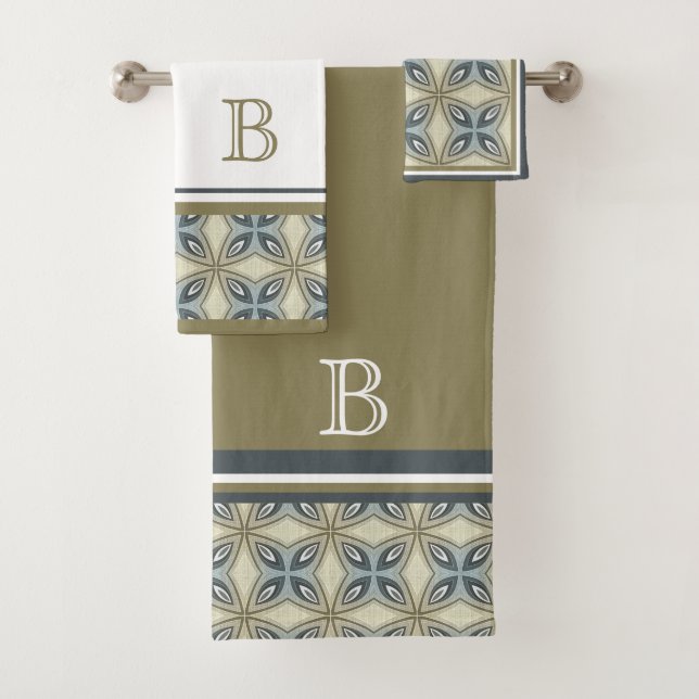 Custom Beige Brown Gray Blue Ornate Art Pattern Bath Towel Set (Insitu)