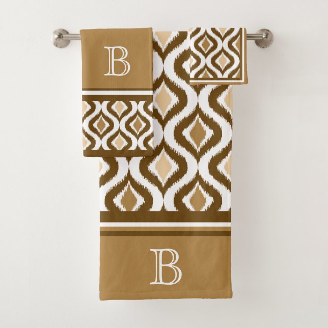 Custom Beige Brown White Retro Chic Ikat Ogee Bath Towel Set (Insitu)