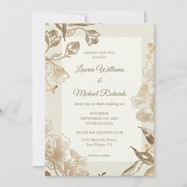 Custom Beige Cream Gold Coppery Ink Wedding Invitation (Front)