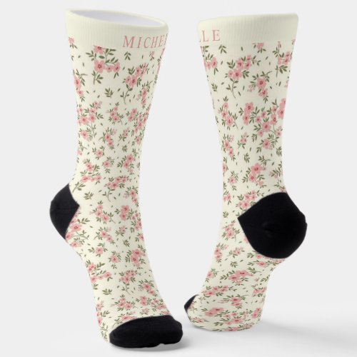 Custom Beige Floral Pink Flowers Pattern Socks